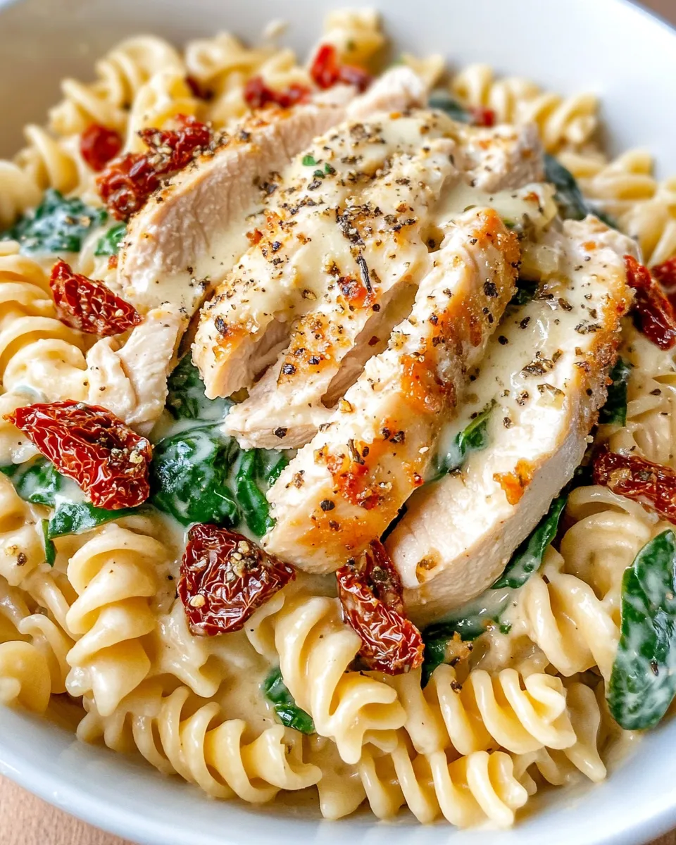 Delicious Creamy Tuscan Chicken and Spinach Slow Cooker Pasta dish photo