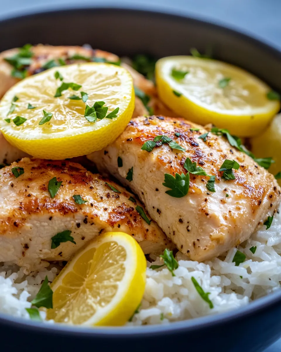 Delicious Lemon Garlic Butter Chicken and Rice Crockpot plate image