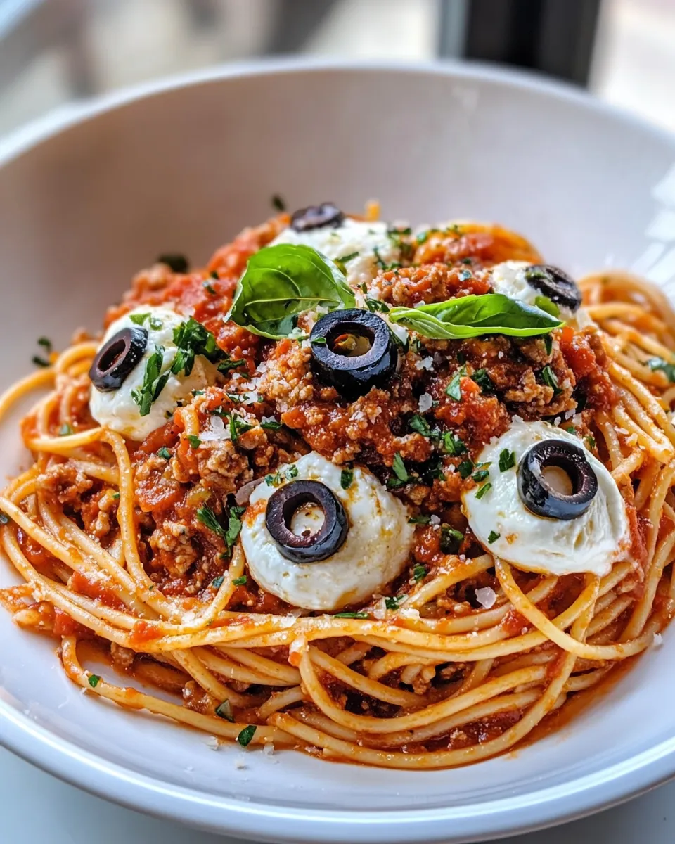 Classic Bloody Spaghetti with Mozzarella Eyeballs image