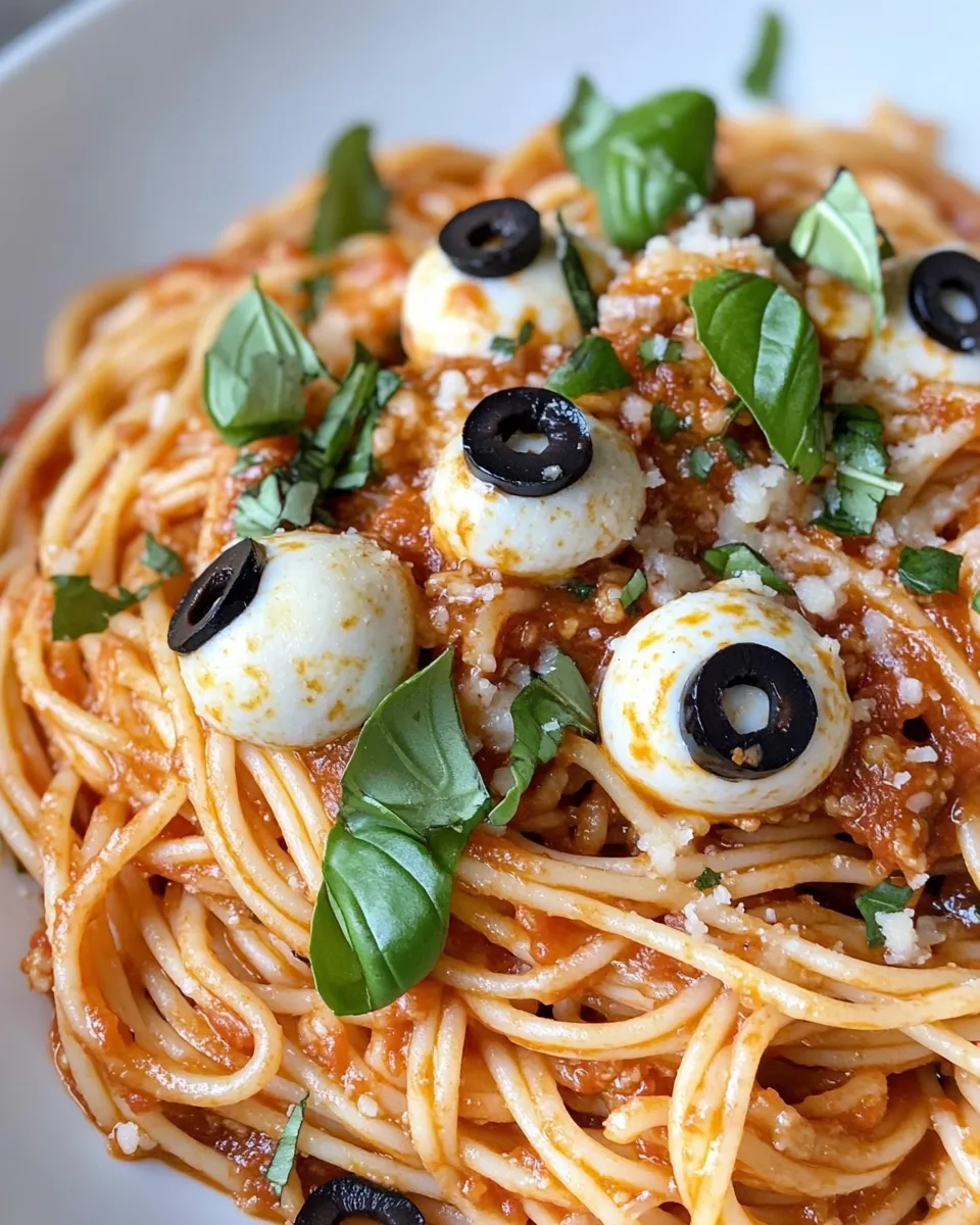 Easy Bloody Spaghetti with Mozzarella Eyeballs recipe photo