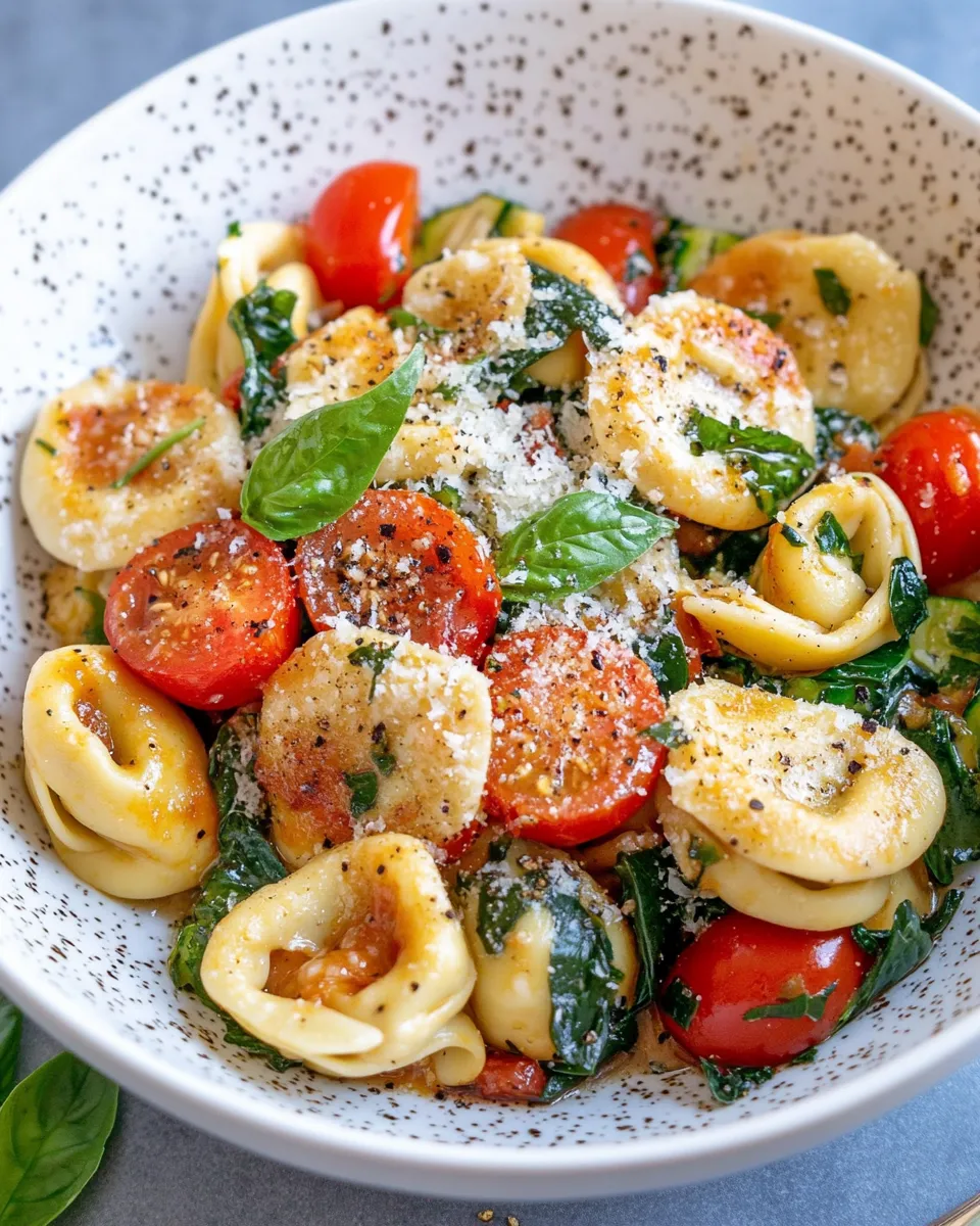 Delicious Cheese Tortellini with Summer Veggies food shot