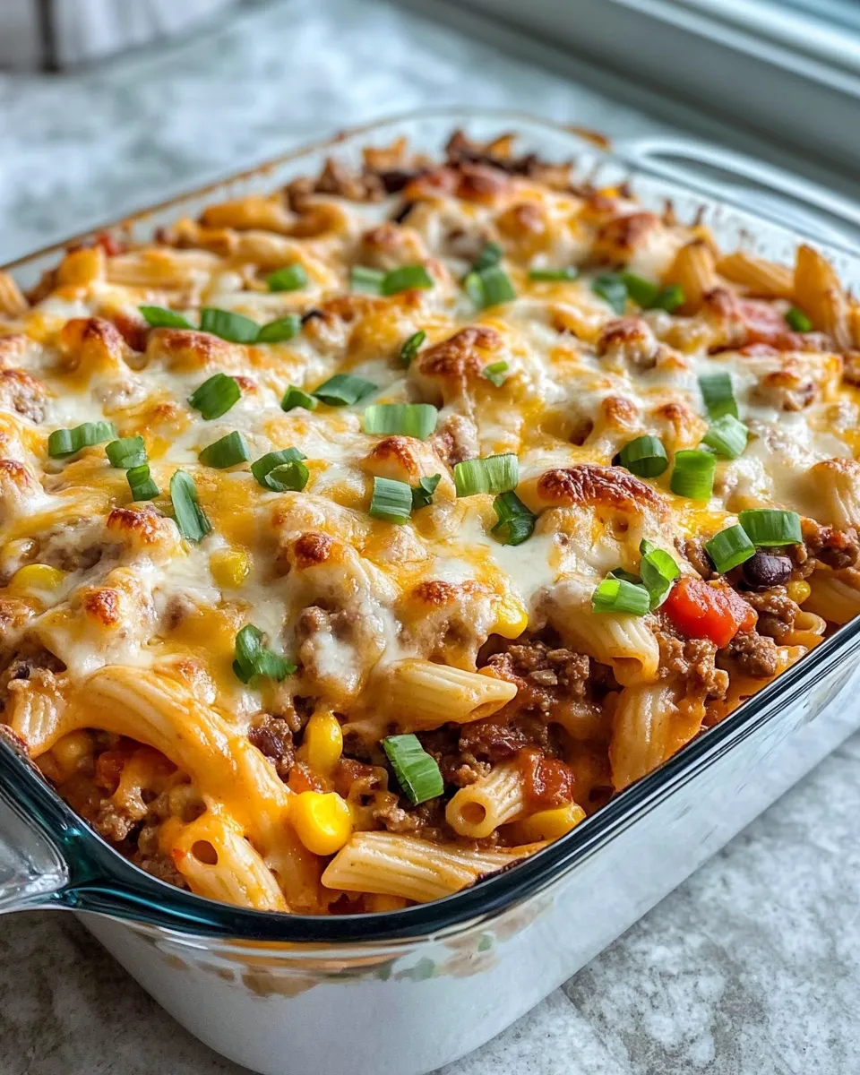 Delicious Cheesy Taco Pasta Casserole food shot