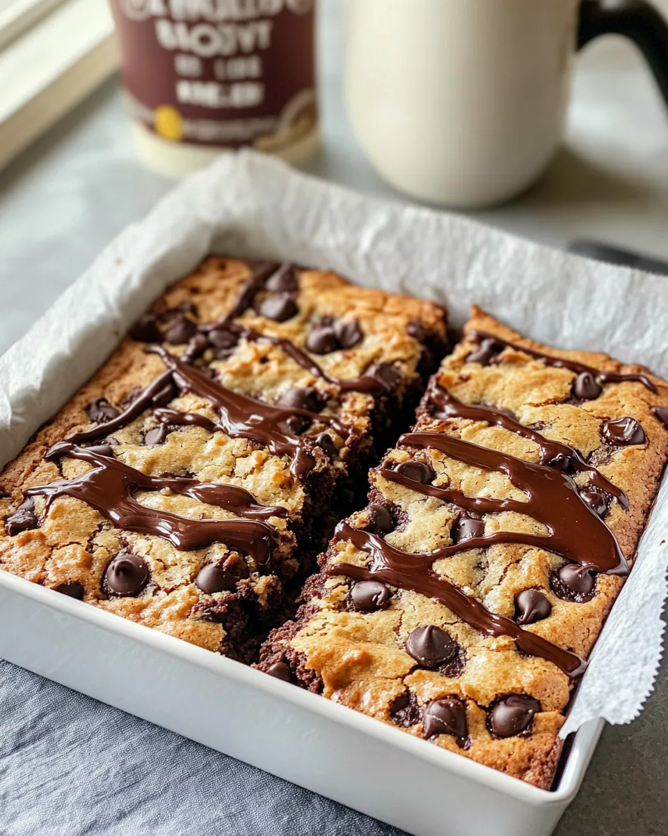 Easy Chocolate Chip Cookie Cake with Fudge Drizzle food shot
