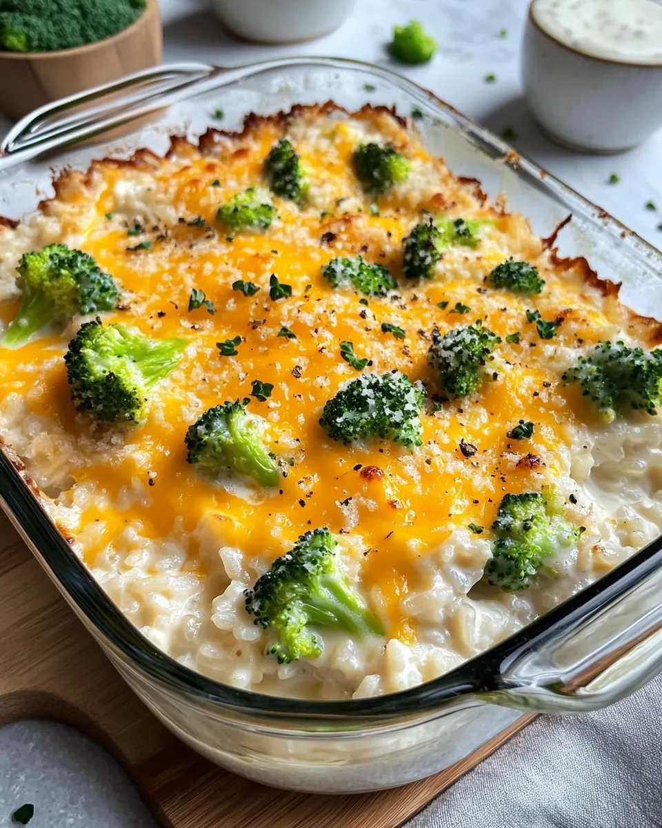 Easy Creamy Broccoli Cheddar Rice Bake food shot