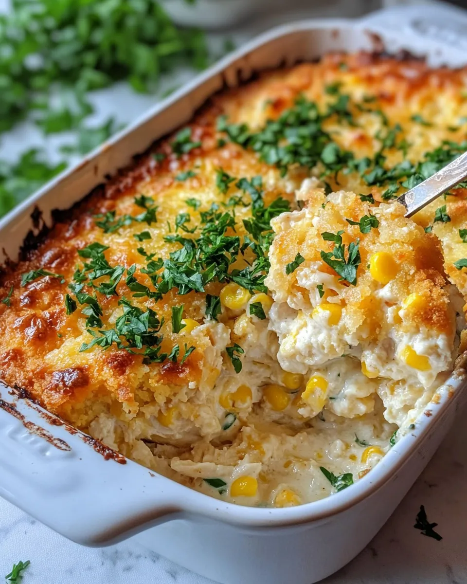 Easy Creamy Chicken and Cornbread Casserole food shot