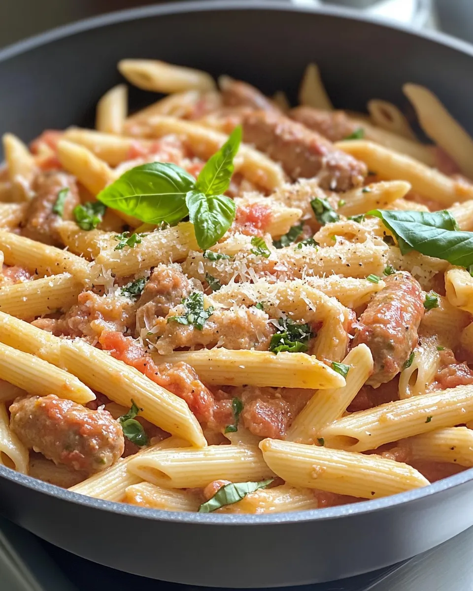 Easy Creamy Tomato Basil Penne with Turkey Sausage food shot