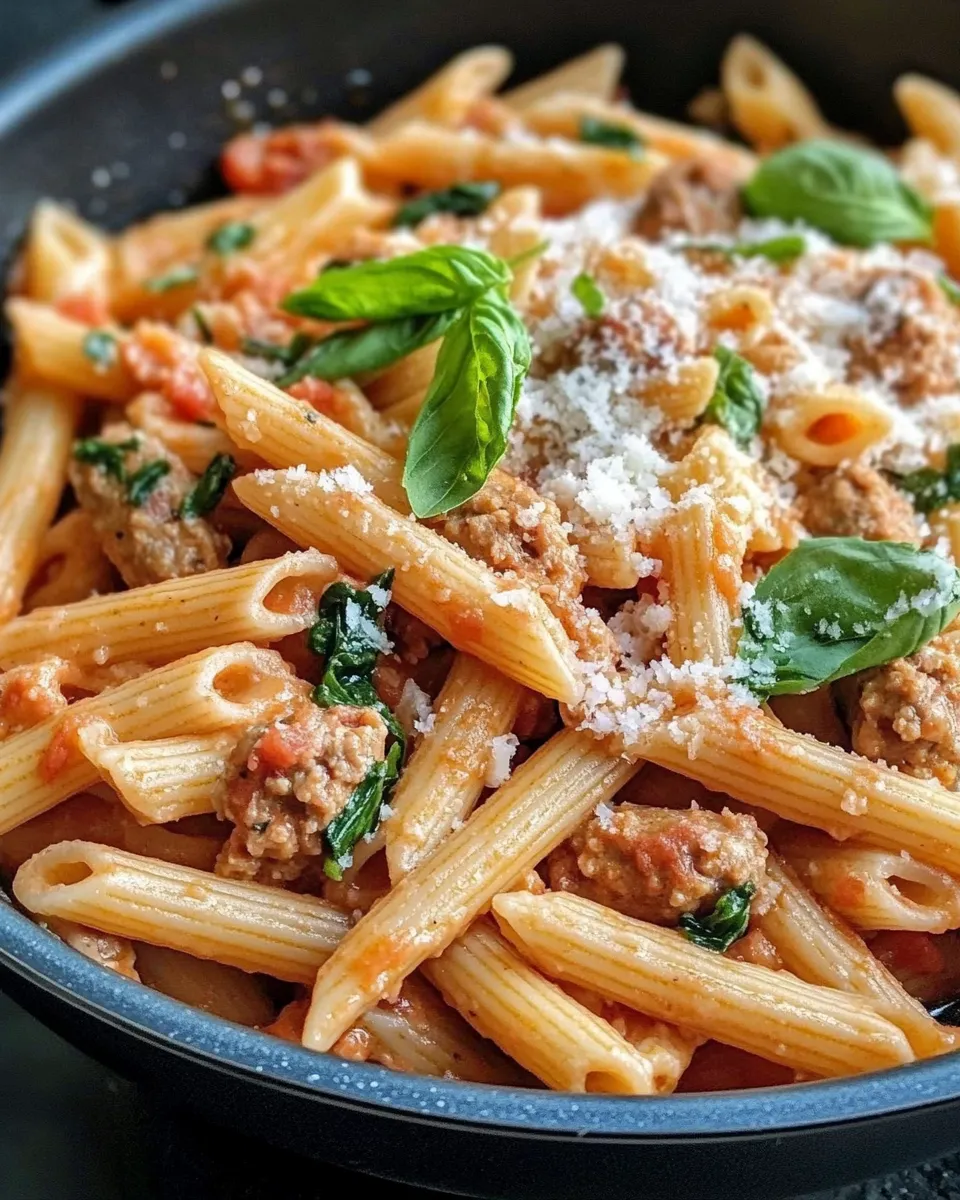 Delicious Creamy Tomato Basil Penne with Turkey Sausage plate image