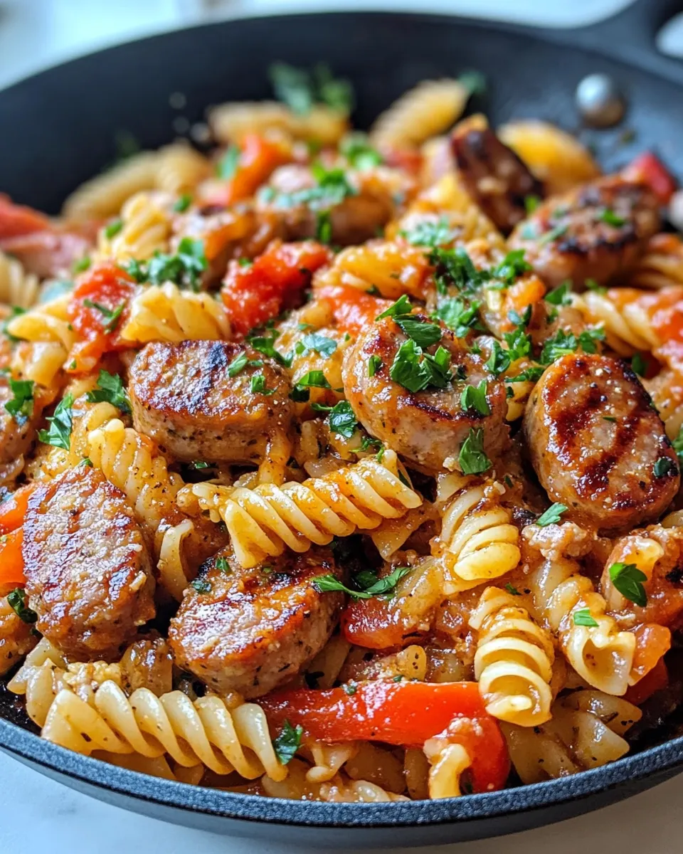 Quick Honey BBQ Sausage & Pasta Skillet food shot