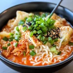 Homemade Kimchi and Dumpling Noodle Soup photo