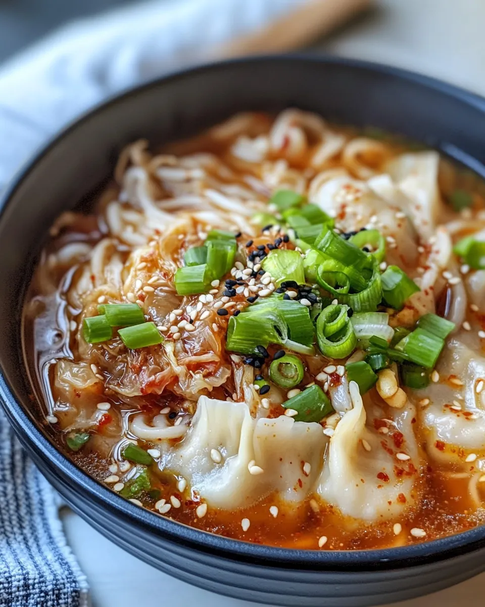 Delicious Kimchi and Dumpling Noodle Soup shot