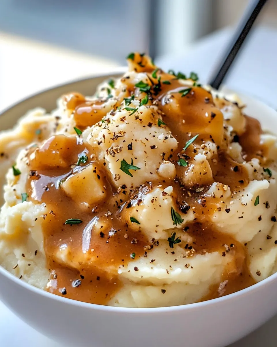 Easy Roasted Garlic Mashed Potato Bowls (with Turkey Gravy) food shot
