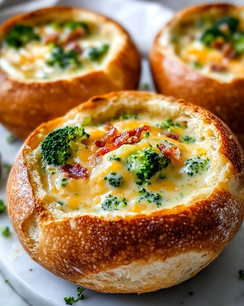 Homemade Broccoli Cheddar Soup in Toasted Bread Bowls photo