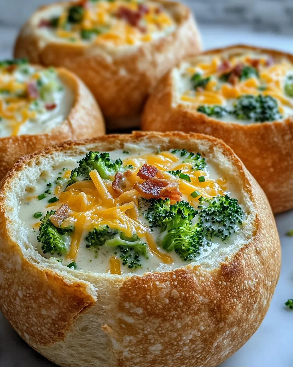 Delicious Broccoli Cheddar Soup in Toasted Bread Bowls dish photo