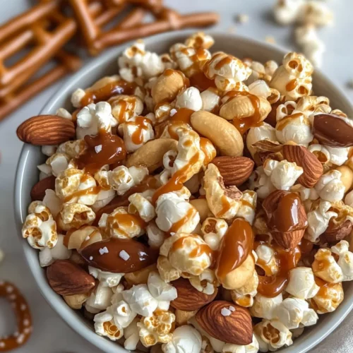Homemade Caramel Popcorn Snack Mix with White Chocolate Drizzle photo