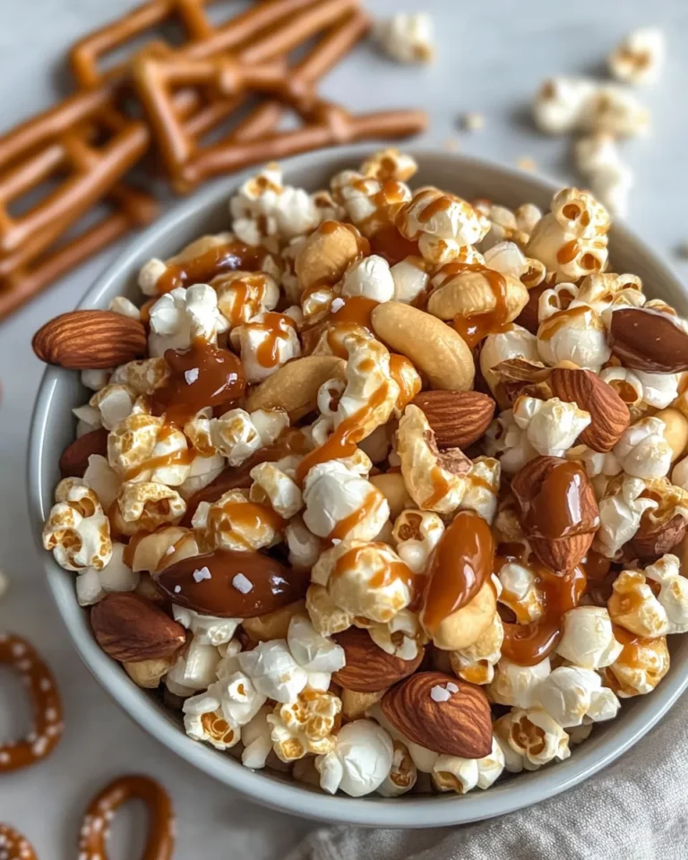 Homemade Caramel Popcorn Snack Mix with White Chocolate Drizzle photo
