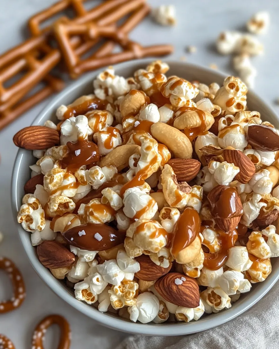 Homemade Caramel Popcorn Snack Mix with White Chocolate Drizzle photo