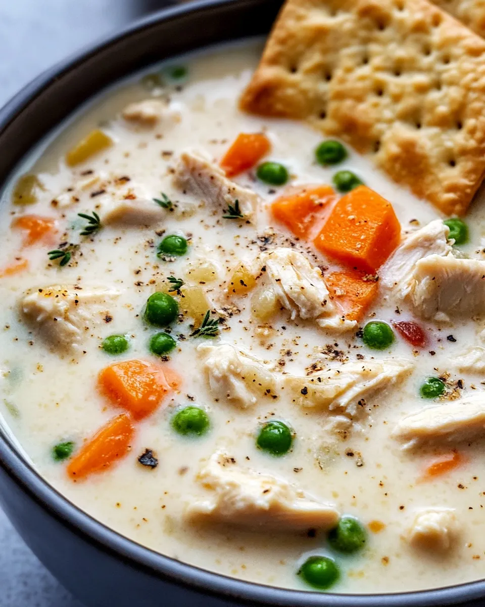 Classic Chicken Pot Pie Soup with Flaky Crust Crackers recipe image