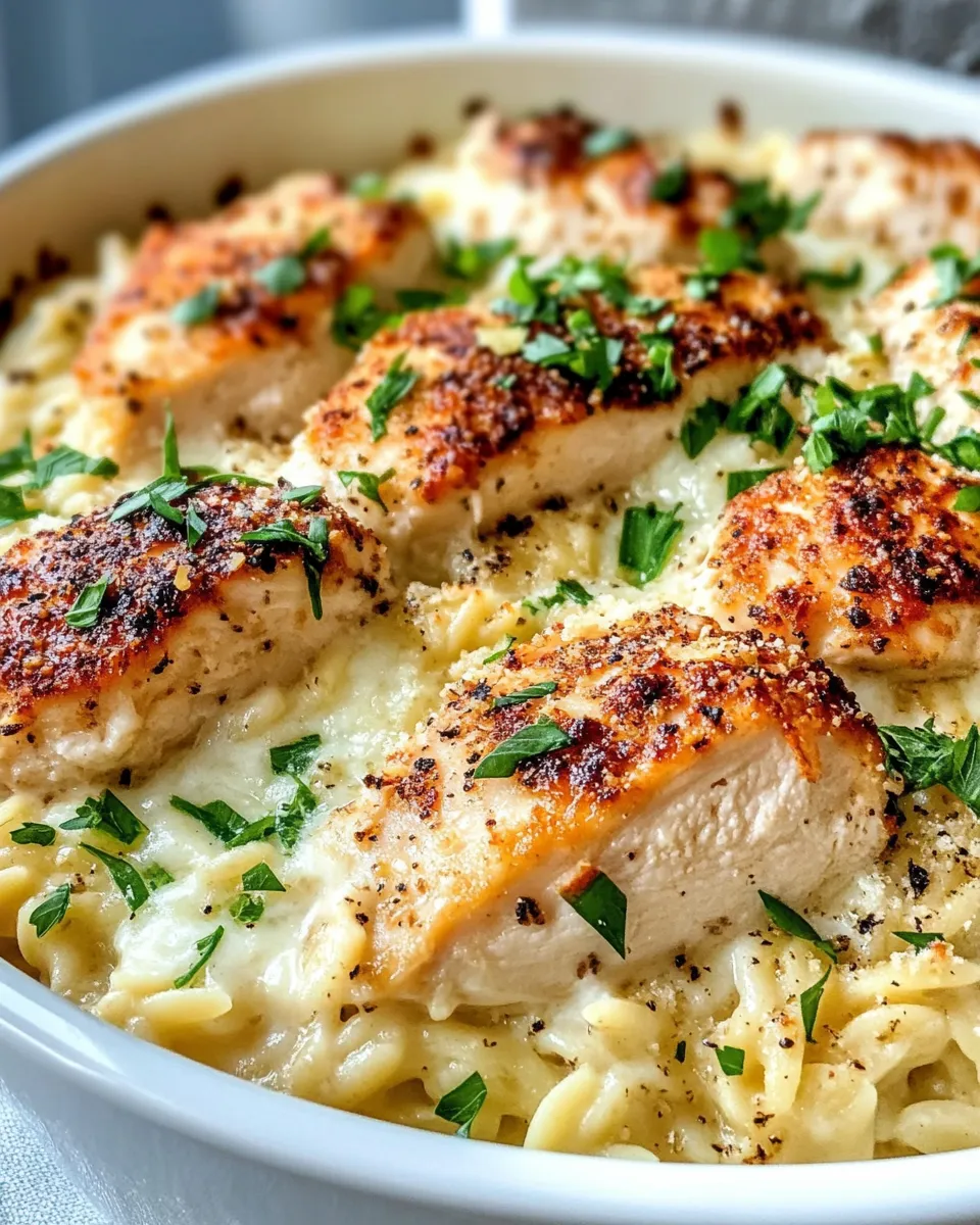 Delicious Creamy Chicken Alfredo Orzo Bake (Weeknight Easy) food shot
