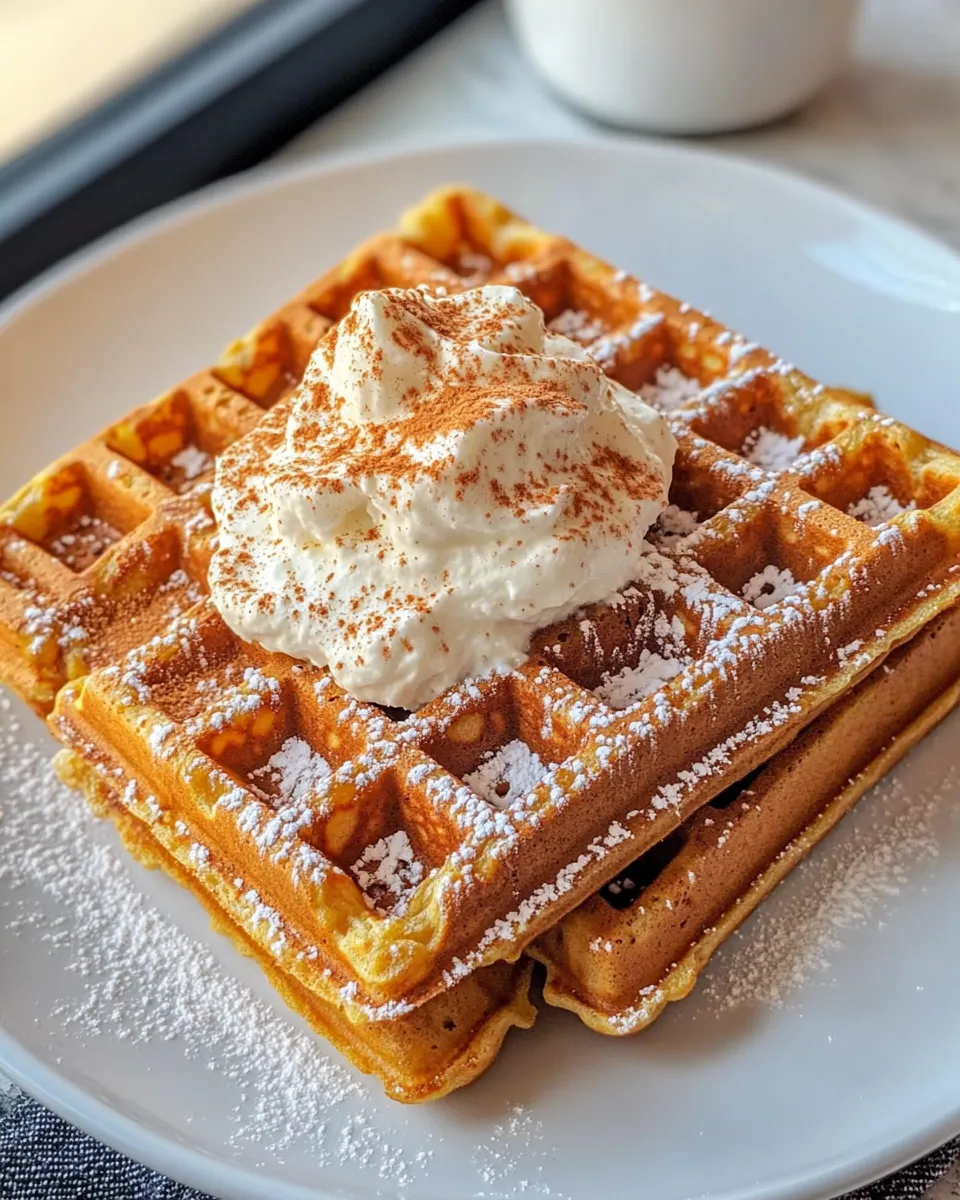 Easy Gingerbread Waffles with Vanilla Whipped Cream food shot