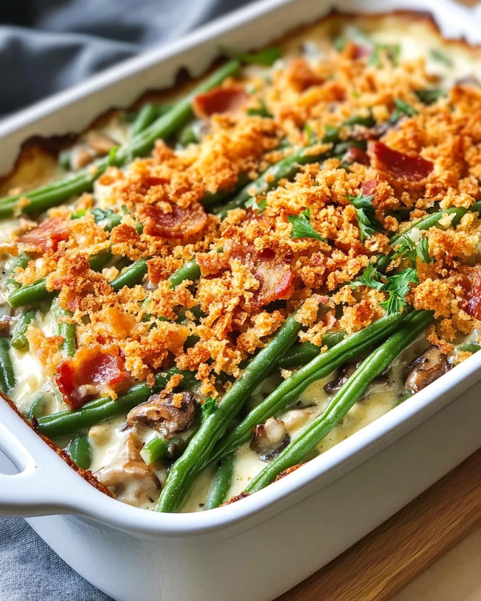 Easy Green Bean Casserole with Crispy Onion Panko Top food shot