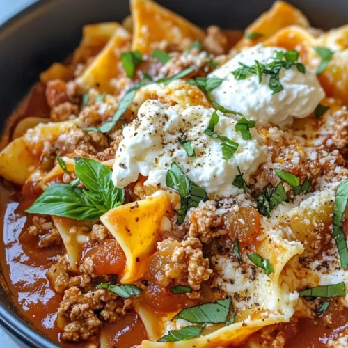 Homemade Hearty Lasagna Soup with Ricotta Dollops photo
