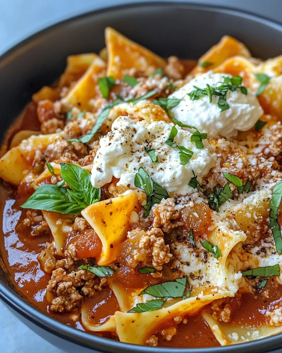 Homemade Hearty Lasagna Soup with Ricotta Dollops photo