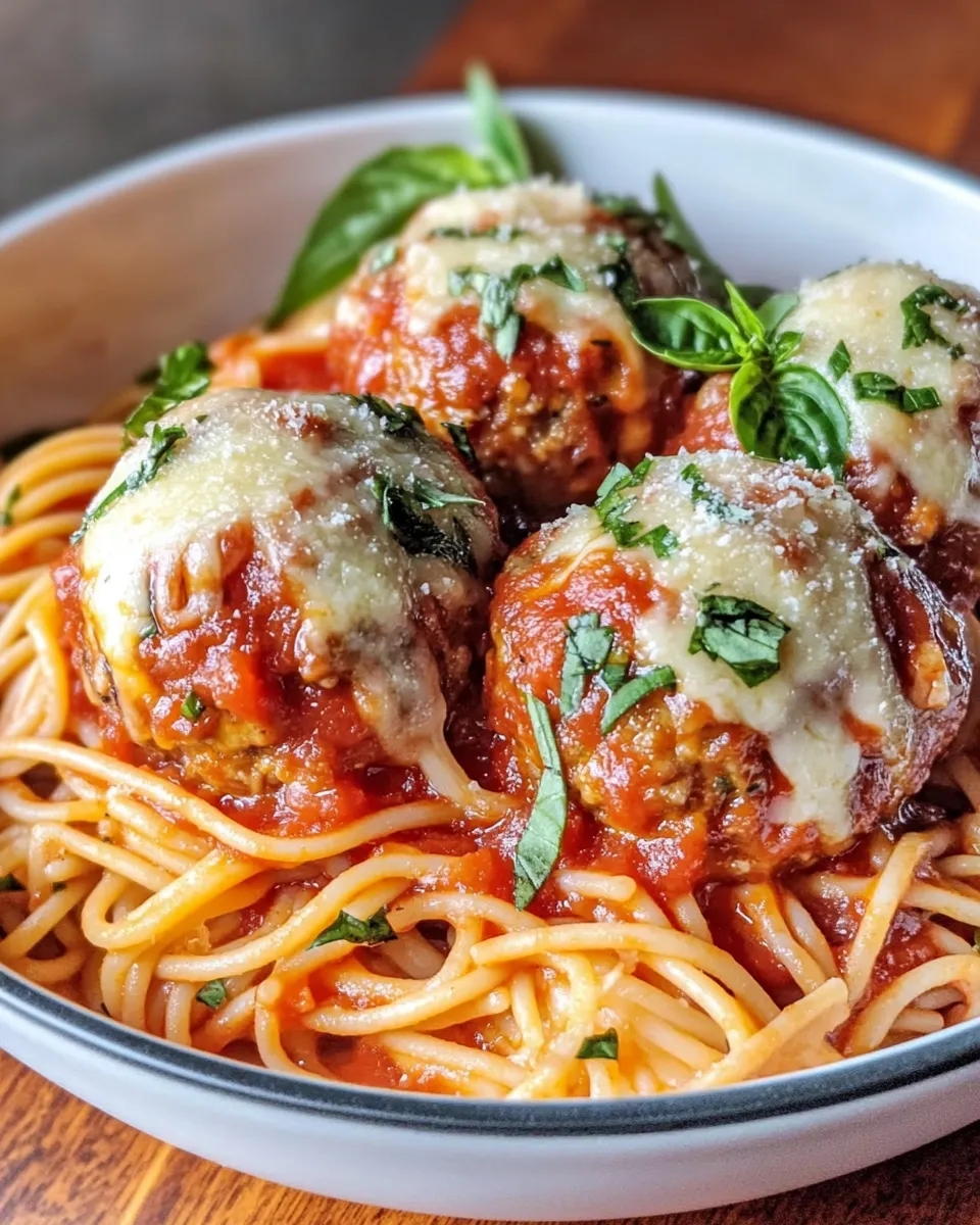Easy Skillet Chicken Parmesan Meatballs with Spaghetti food shot