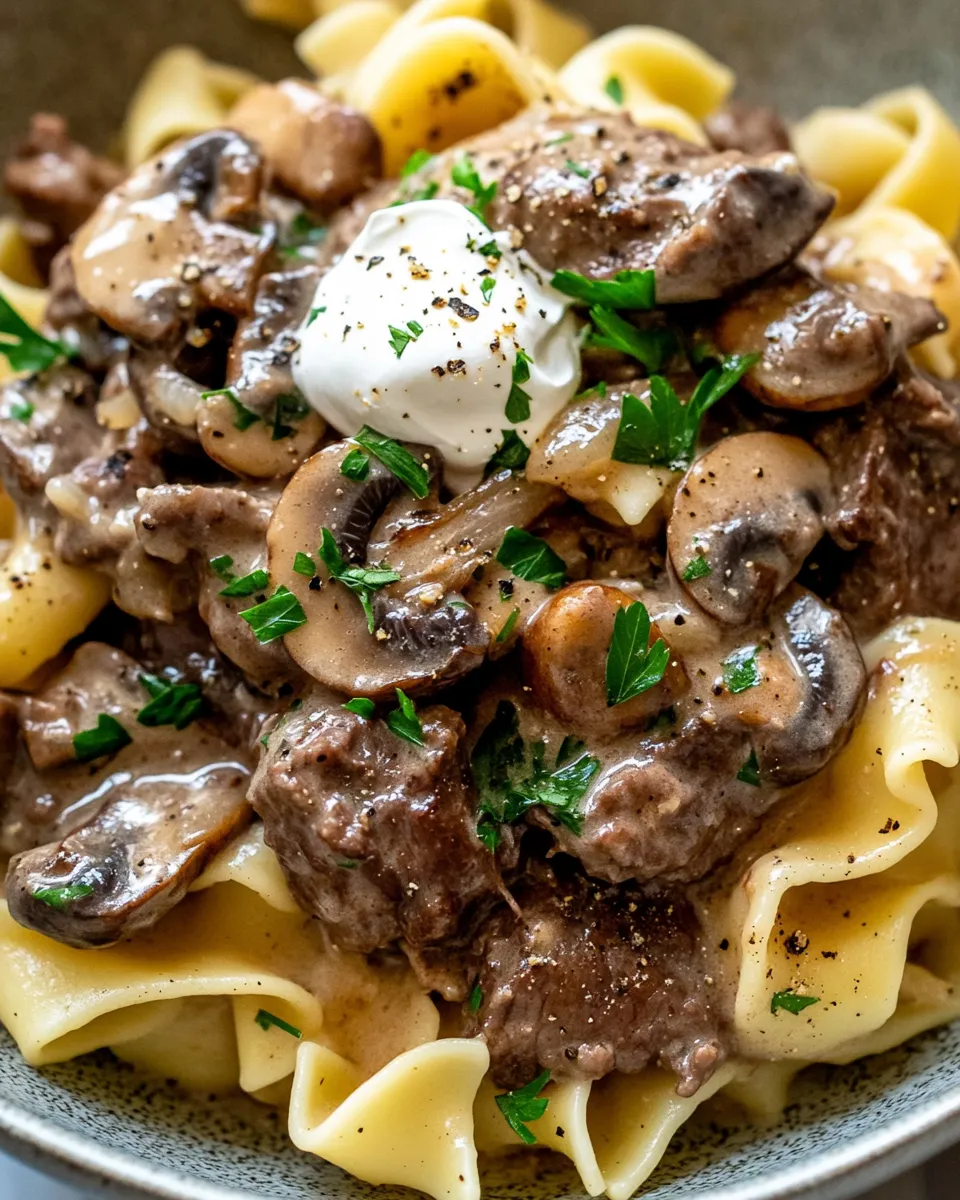 Easy Slow Cooker Beef & Mushroom Stroganoff Noodles food shot