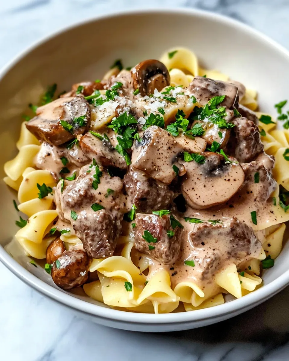 Delicious Slow Cooker Beef & Mushroom Stroganoff Noodles plate image
