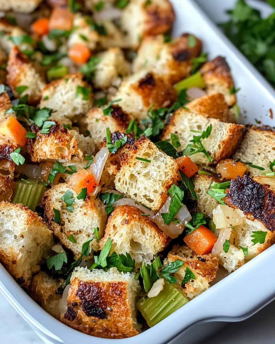 Delicious Sourdough Stuffing with Caramelized Onions & Herbs food shot