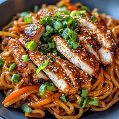 Delicious Spicy Gochujang Noodles with Crispy Chicken photo