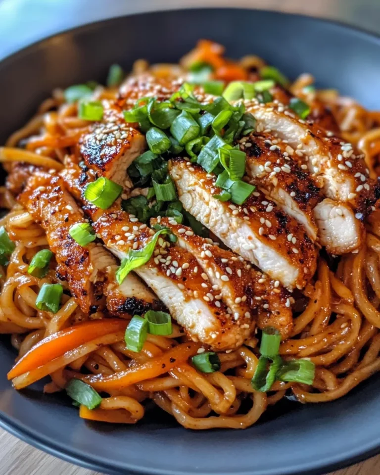Delicious Spicy Gochujang Noodles with Crispy Chicken photo