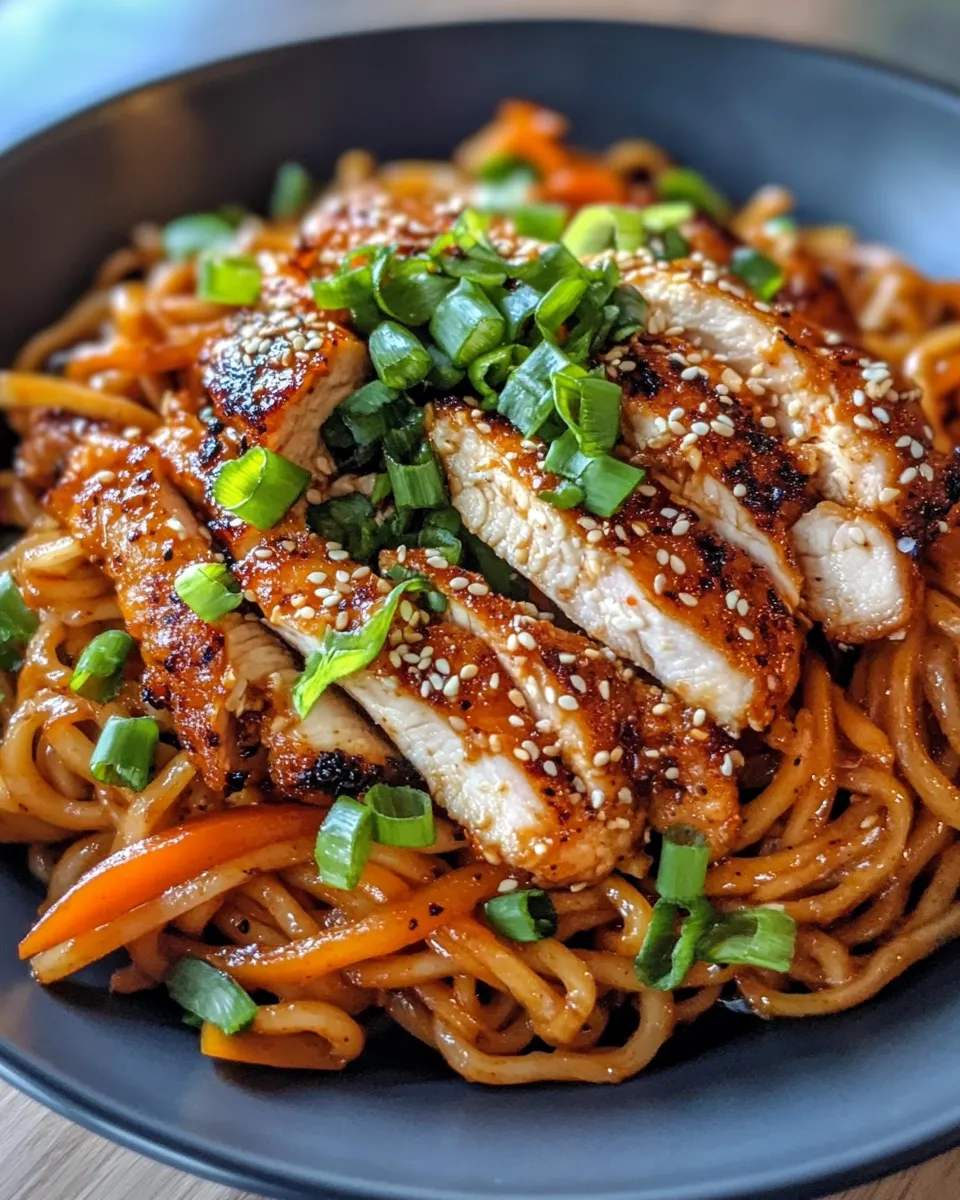 Delicious Spicy Gochujang Noodles with Crispy Chicken photo