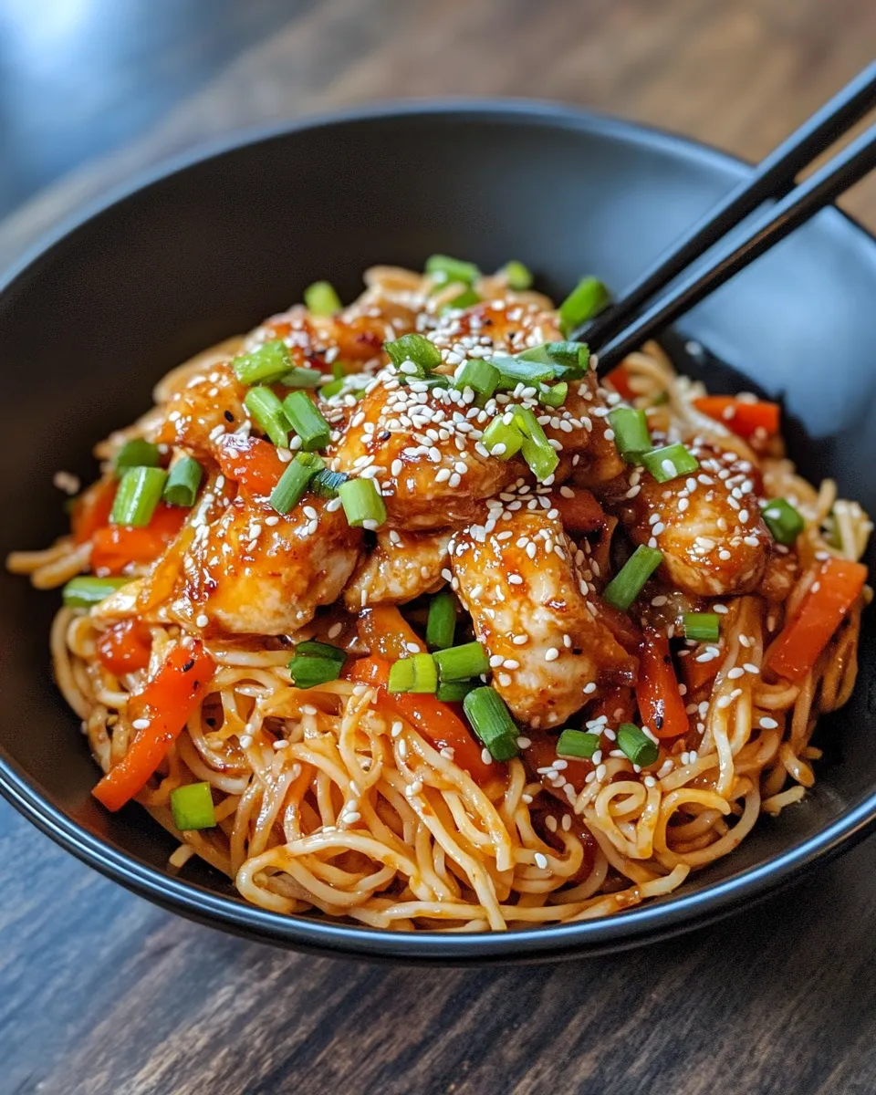Homemade Spicy Gochujang Noodles with Crispy Chicken dish photo