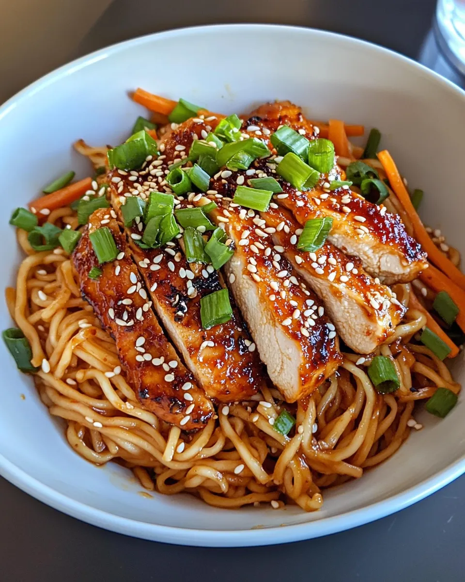 Tasty Spicy Gochujang Noodles with Crispy Chicken food shot