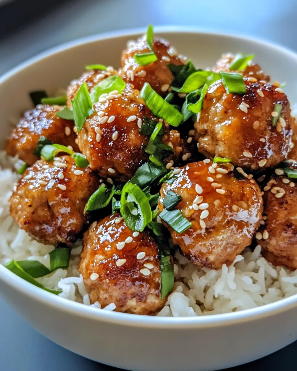 Delicious Sticky Sesame Chicken Meatballs with Rice dish photo