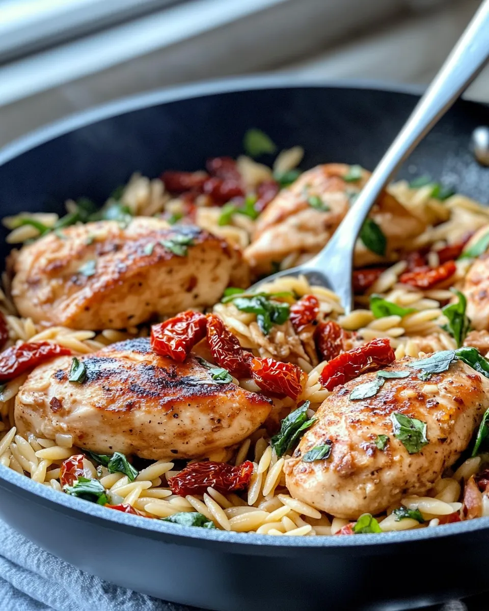 Easy Sun-Dried Tomato Chicken Skillet with Orzo food shot
