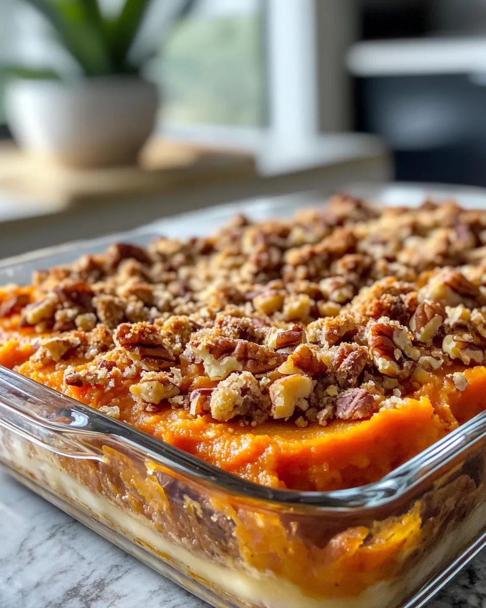 Easy Sweet Potato Casserole with Pecan Streusel food shot