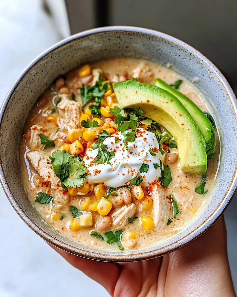 Delicious White Chicken Chili with Corn & Lime Crema dish photo