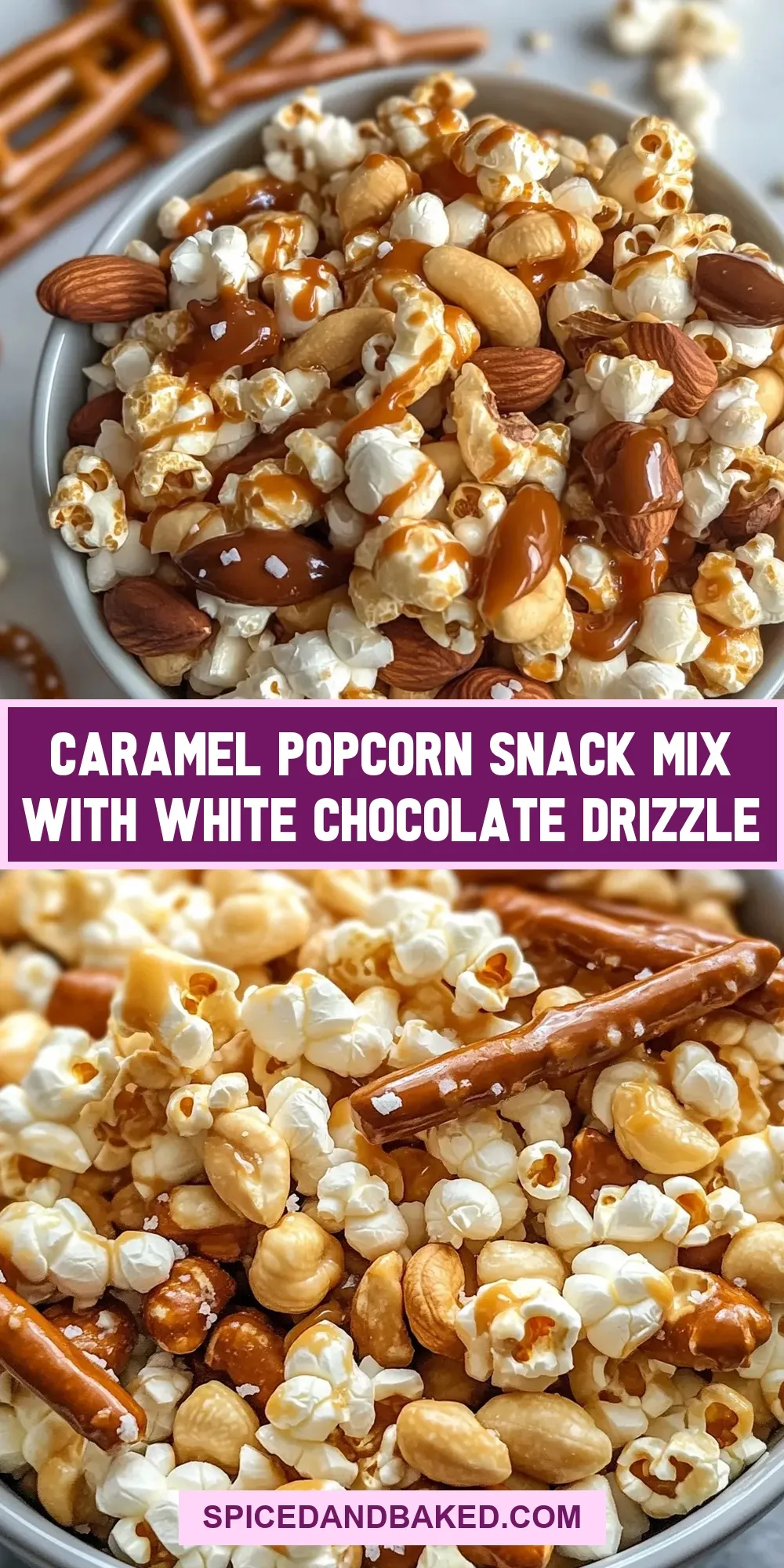 The Best Caramel Popcorn Snack Mix With White Chocolate Drizzle Ever