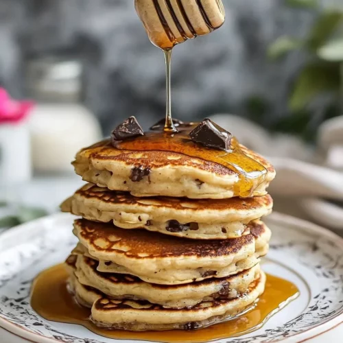 Homemade Chocolate Chip Lemon Baklava Pancakes with Salted Vanilla Honey Syrup. recipe photo