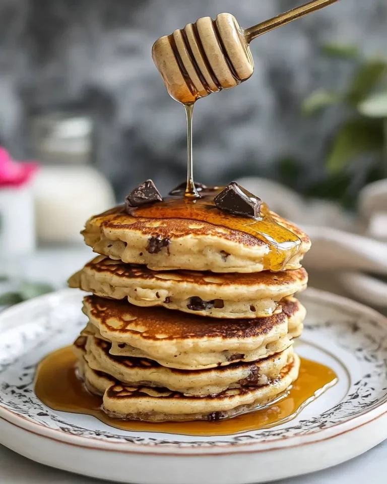 Homemade Chocolate Chip Lemon Baklava Pancakes with Salted Vanilla Honey Syrup. recipe photo