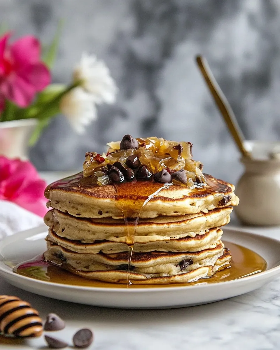 Classic Chocolate Chip Lemon Baklava Pancakes with Salted Vanilla Honey Syrup. food shot