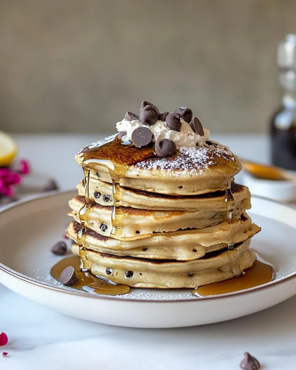 Easy Chocolate Chip Lemon Baklava Pancakes with Salted Vanilla Honey Syrup. plate image