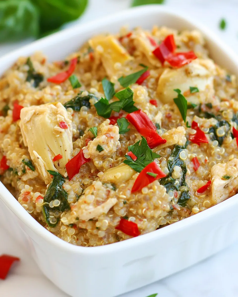Delicious Creamy Spinach and Artichoke Chicken Quinoa plate image