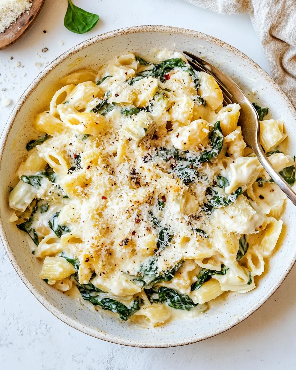 Easy Spinach Artichoke Pasta Skillet. food shot