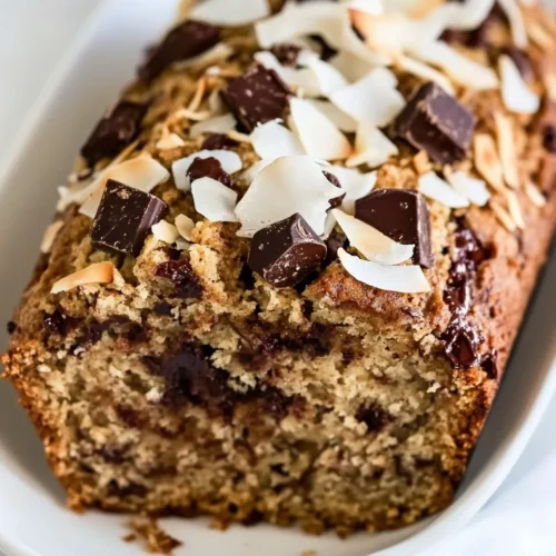 Delicious Toasted Coconut and Chocolate Chunk Roasted Banana Bread. recipe photo