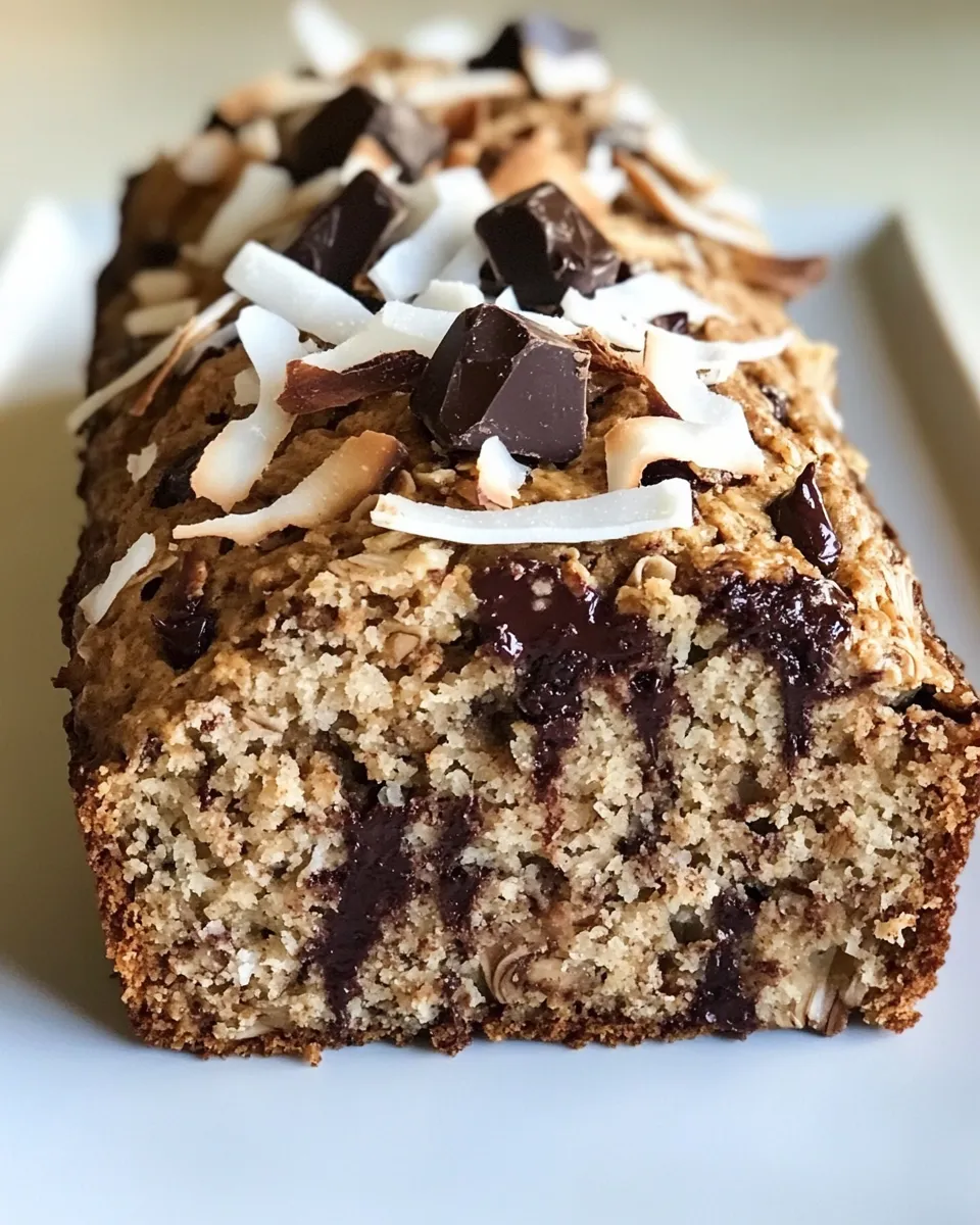 Easy Toasted Coconut and Chocolate Chunk Roasted Banana Bread. food shot