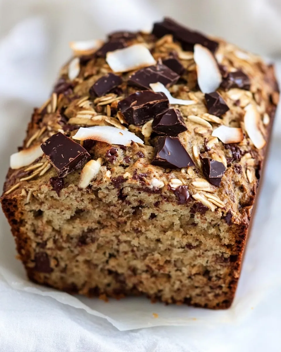 Homemade Toasted Coconut and Chocolate Chunk Roasted Banana Bread. plate image