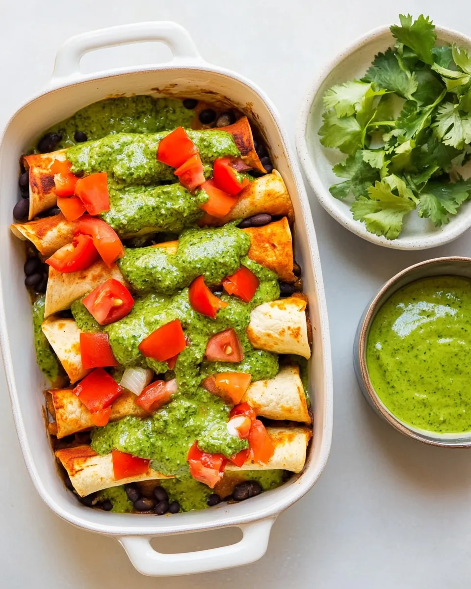 Healthy Black Bean and Tofu Enchiladas with Creamy Cilantro Lime Sauce recipe photo
